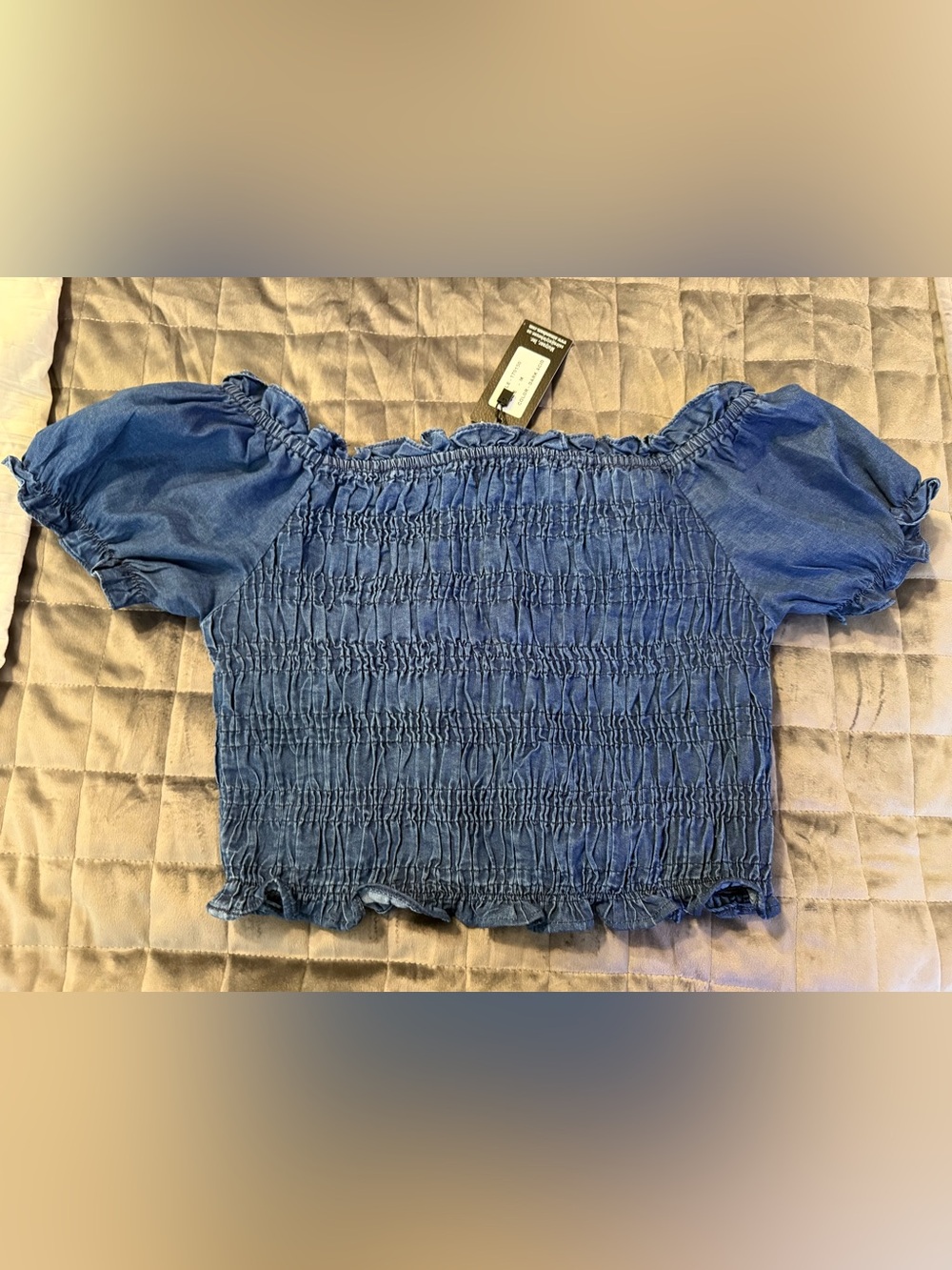 Blue Smocked Off-Shoulder Crop Top